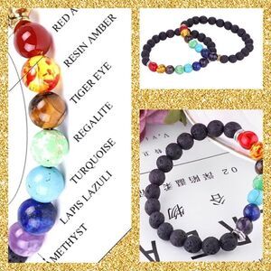 (3) Essential Oil Diffuser Chakra Black Lava Rock Stone Bead Bracelets, Gold
